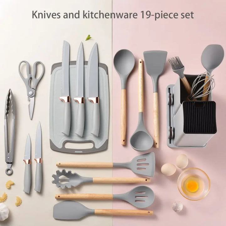 19pcs Food Grade Silicone Brodark Kitchenware Set, Cooking Spoon, Shovel, Cutting Board, Fruit Knife, Chef Knife, Combination Se - Eagle 