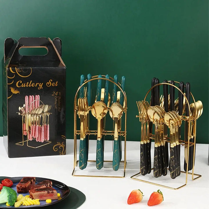 Fashion 24pcs Cutlery Set Stainless Steel Metal Gift Tableware Forks Spoons Kits Dinnerware Home School Kitchen - Eagle 