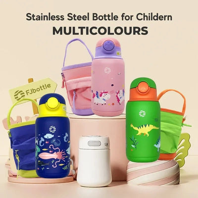 FJbottle 550ml Kids Straw Thermos Mug with Case Stainless Steel Cartoon Leak-Proof Vacuum Flask Children School Water Cup