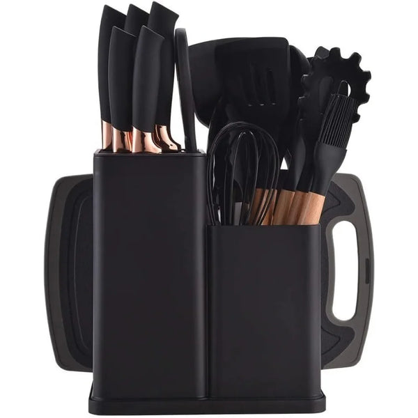 19 Piece Black Cutlery Set; Cooking Spatula Spoon Kitchenware with Storage Bucket Knife Set; Non-Stick Cookware - Eagle 