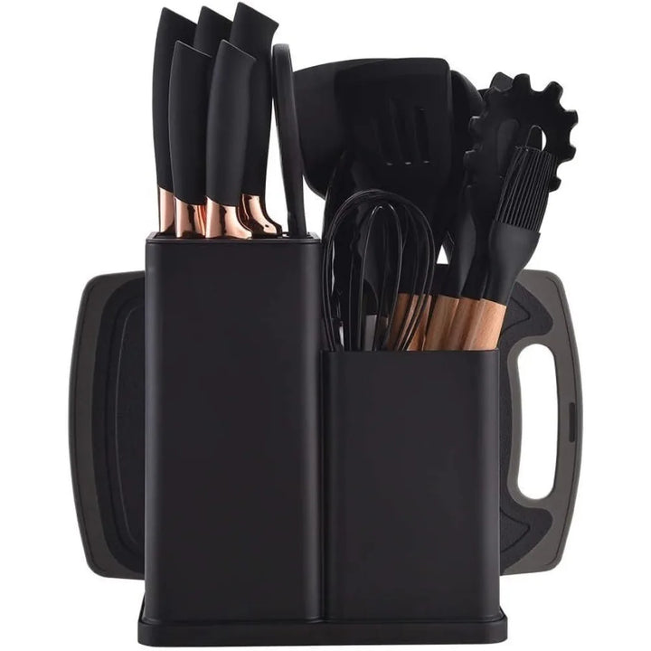 19 Piece Black Cutlery Set; Cooking Spatula Spoon Kitchenware with Storage Bucket Knife Set; Non-Stick Cookware - Eagle 