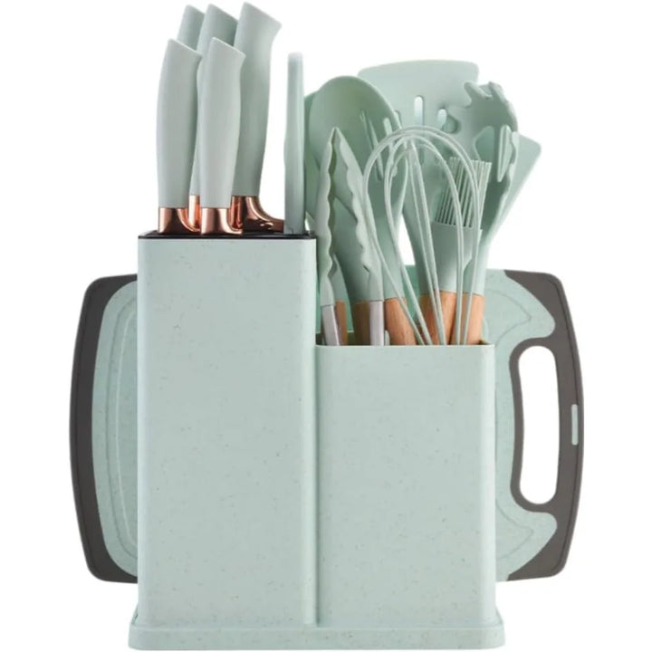 19 Piece Black Cutlery Set; Cooking Spatula Spoon Kitchenware with Storage Bucket Knife Set; Non-Stick Cookware - Eagle 