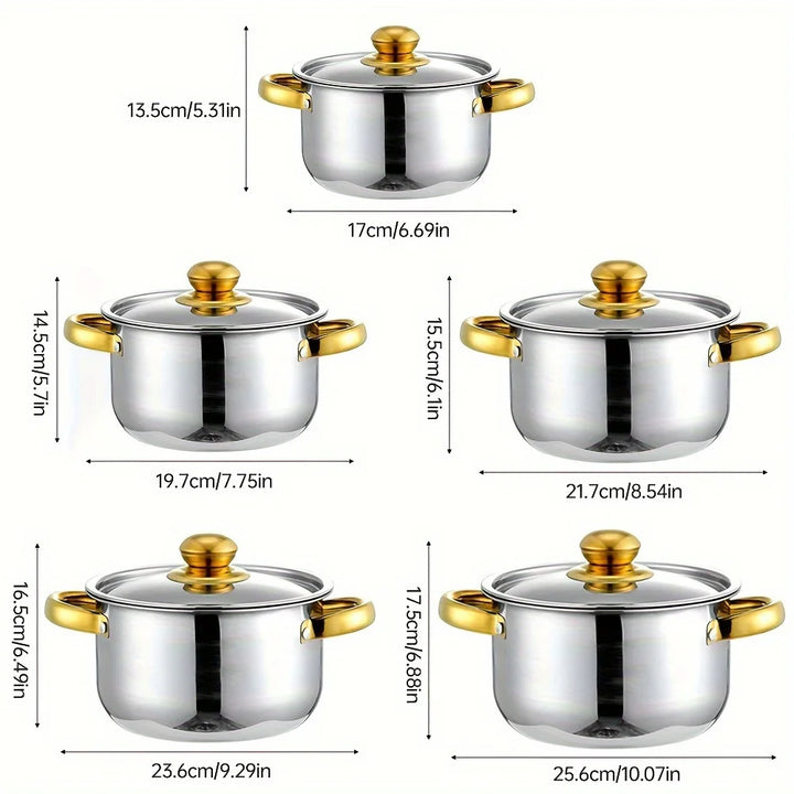 5-Piece Golden Stainless Steel Cookware Set - Durable, Multi-Purpose, Easy to Clean, Compatible with All Stoves, Non-Stick, - Eagle 