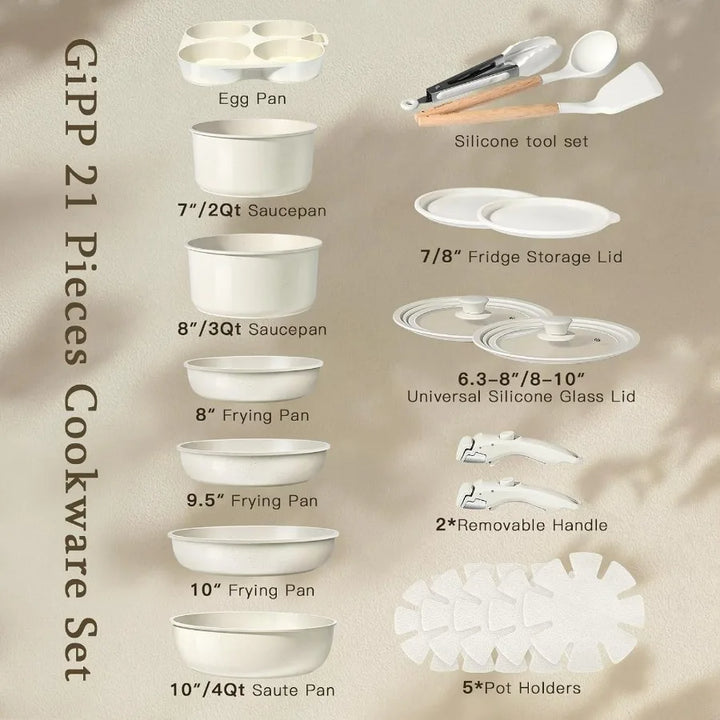 21Piece Ceramic Cookware Set with Detachable Handles for Healthy Cooking NonStick NonToxic PFAS PFOA PTFE Free Suitable for Dis - Eagle 