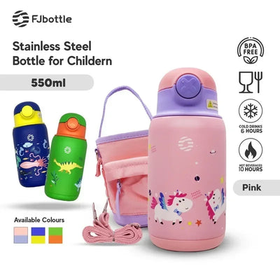 FJbottle 550ml Kids Straw Thermos Mug with Case Stainless Steel Cartoon Leak-Proof Vacuum Flask Children School Water Cup
