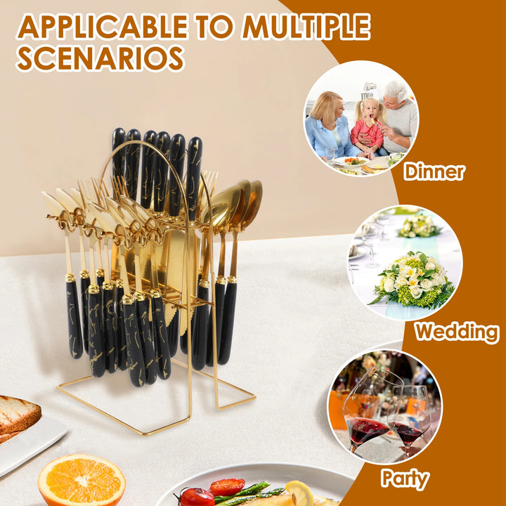 24Pcs Tableware Set with Holder Stainless Steel Cutlery Set Service for 6 Utensils Set Mirror Polished Forks Knives Spoon Set - Eagle 