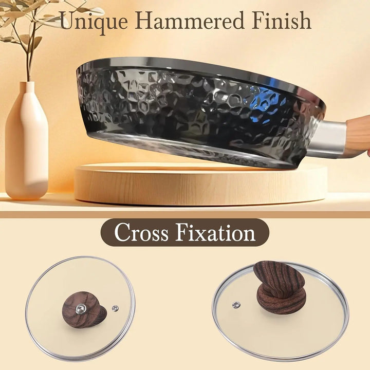 Induction Pots and Pans Set Non Stick - 12 Pcs Nonstick Kitchen Cookware Set, Black Hammered Cooking Pans Set - Eagle 