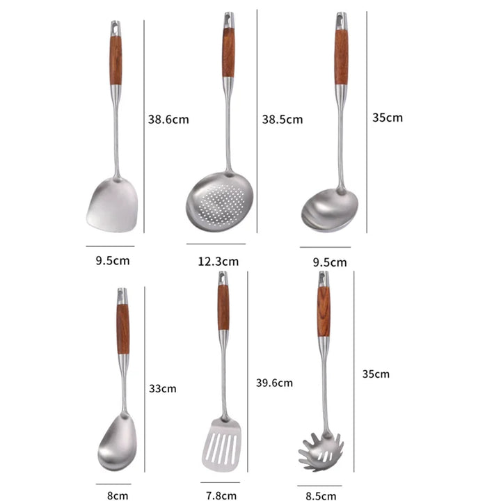 Rosewood Handle Stainless Steel Cookware Set Kitchen Durable Wok Spatula Colander Shovel Cooking Utensil Kitchenware Accessories - Eagle 