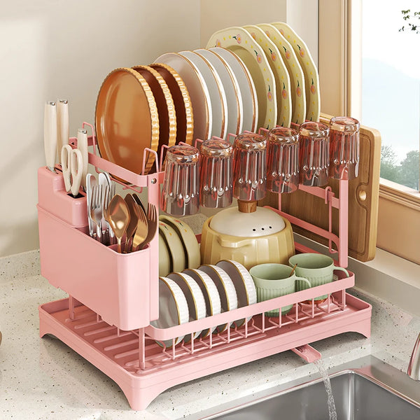 Pink Dish rack, kitchen storage organizer for bowls and plates, snap-on design, no drilling install, trendy home appliance - Eagle 