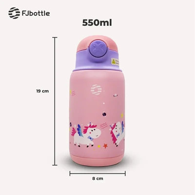 FJbottle 550ml Kids Straw Thermos Mug with Case Stainless Steel Cartoon Leak-Proof Vacuum Flask Children School Water Cup