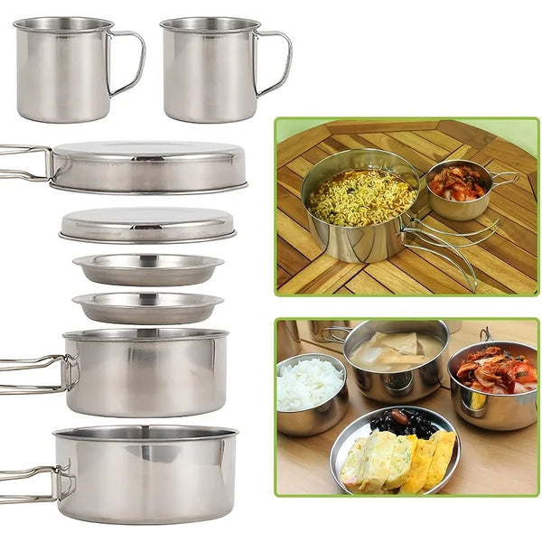 8Pcs Camping Cookware Set Outdoor Pot Set tainless Steel Cooking Pots and Pans Set for Hiking Tourist Dishes Picnic Equipment - Eagle 