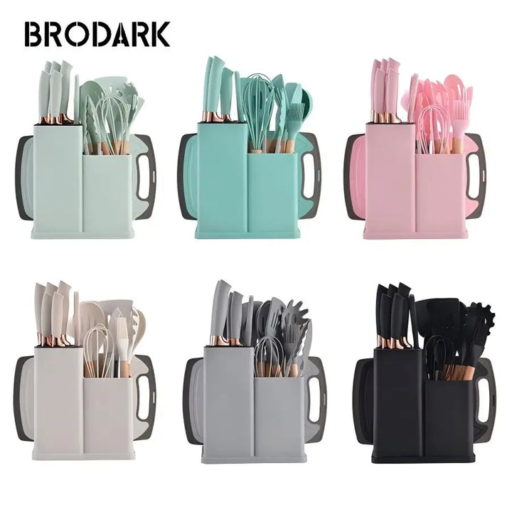 19pcs Food Grade Silicone Brodark Kitchenware Set, Cooking Spoon, Shovel, Cutting Board, Fruit Knife, Chef Knife, Combination Se - Eagle 