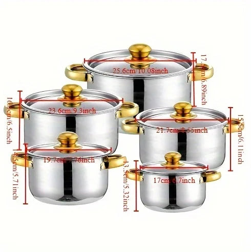5-Piece Golden Stainless Steel Cookware Set - Durable, Multi-Purpose, Easy to Clean, Compatible with All Stoves, Non-Stick, - Eagle 