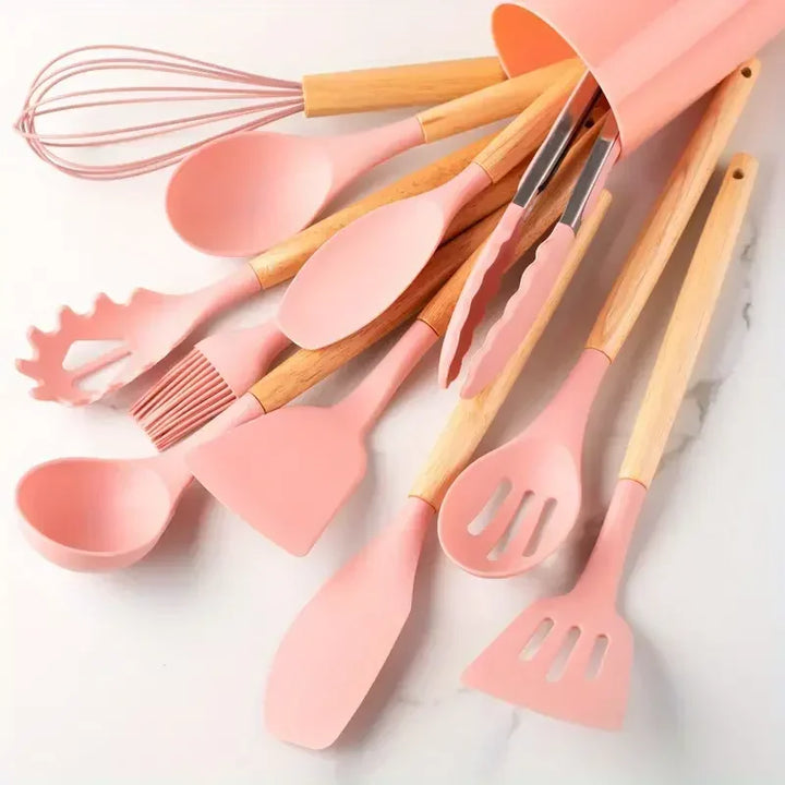 12pcs Set of Multi-color Silicone Wooden Handle Kitchenware Set Non Stick Pot Spatula and Spoon Cooking Utensils, Heat-resistant - Eagle 