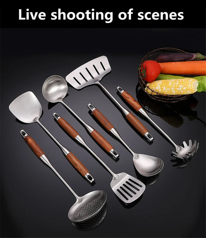 Rosewood Handle Stainless Steel Cookware Set Kitchen Durable Wok Spatula Colander Shovel Cooking Utensil Kitchenware Accessories - Eagle 