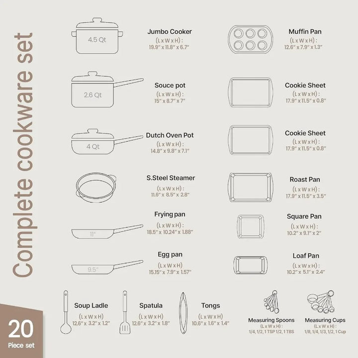 BakkenSwiss 20Piece Kitchen Cookware Set Granite NonStick Surface for Efficient Cooking EcoFriendly Materials Compatible with A - Eagle 