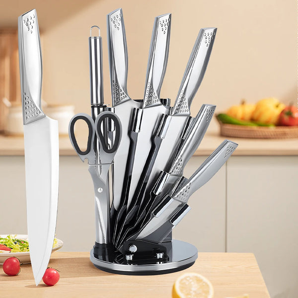 8pcs Kitchen Knives Set 3CR13 Stainless Steel Chef's Knife Meat Cleaver with Block for Kitchen Fruit and Vegetable Cutting Knife - Eagle 