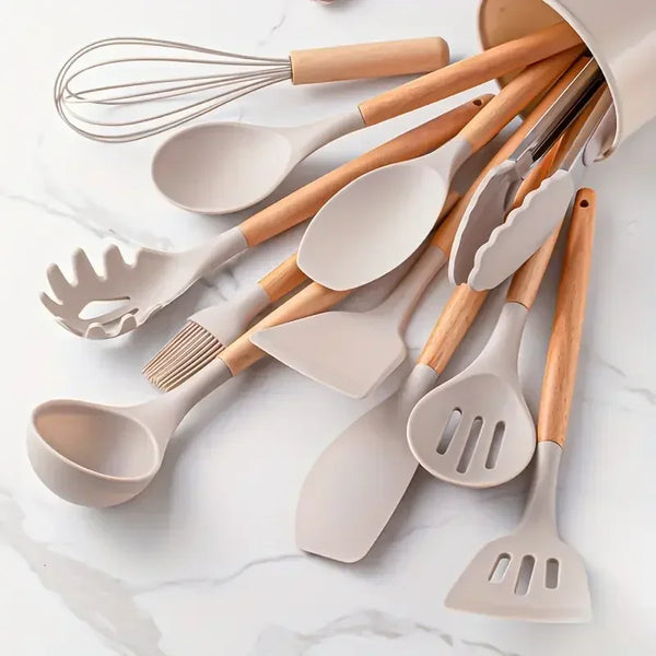 12pcs Set of Multi-color Silicone Wooden Handle Kitchenware Set Non Stick Pot Spatula and Spoon Cooking Utensils, Heat-resistant - Eagle 