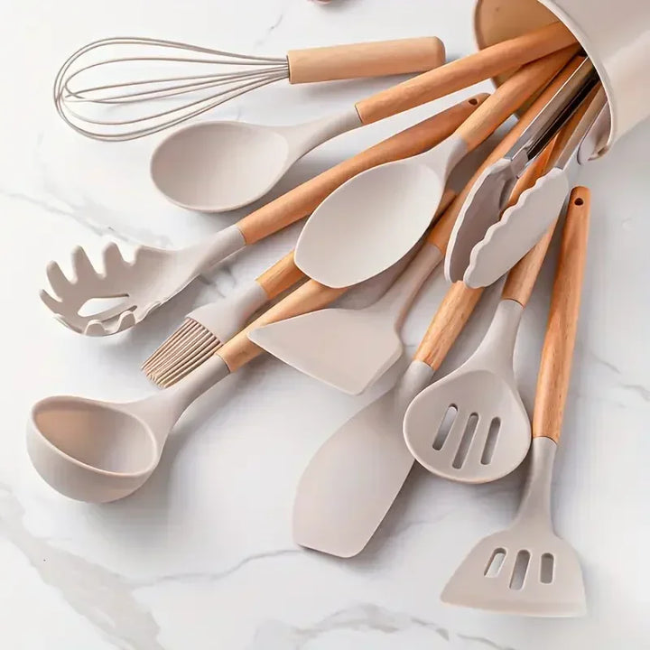12pcs Set of Multi-color Silicone Wooden Handle Kitchenware Set Non Stick Pot Spatula and Spoon Cooking Utensils, Heat-resistant - Eagle 