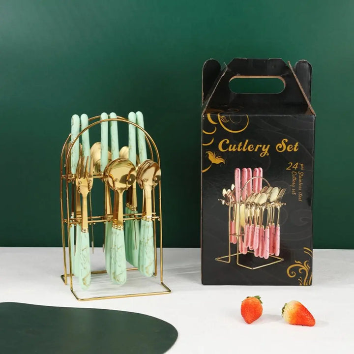 Fashion 24pcs Cutlery Set Stainless Steel Metal Gift Tableware Forks Spoons Kits Dinnerware Home School Kitchen - Eagle 