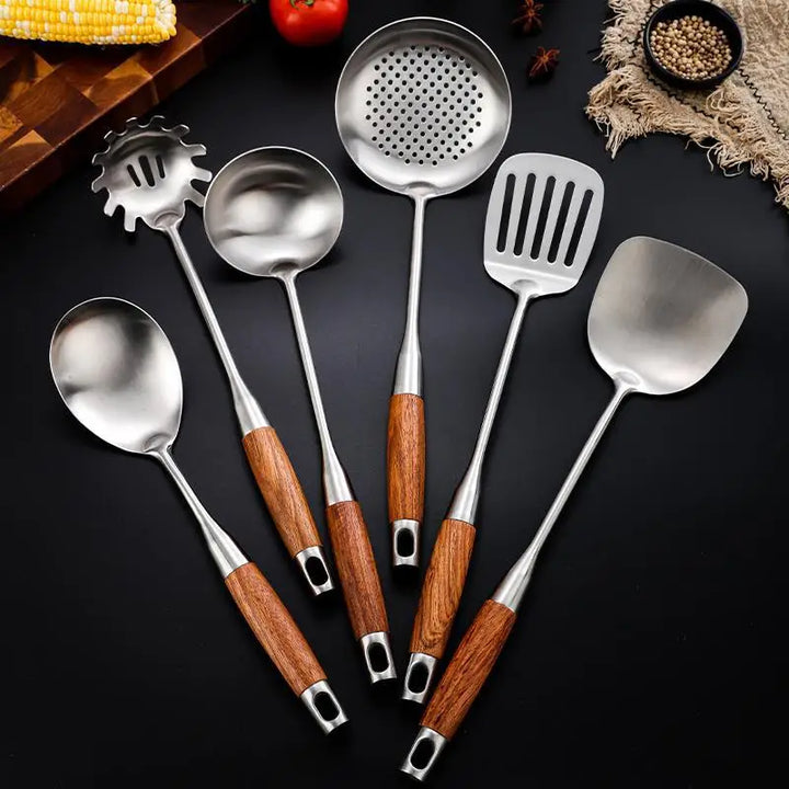 Rosewood Handle Stainless Steel Cookware Set Kitchen Durable Wok Spatula Colander Shovel Cooking Utensil Kitchenware Accessories - Eagle 