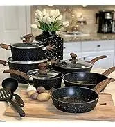 Induction Pots and Pans Set Non Stick - 12 Pcs Nonstick Kitchen Cookware Set, Black Hammered Cooking Pans Set - Eagle 