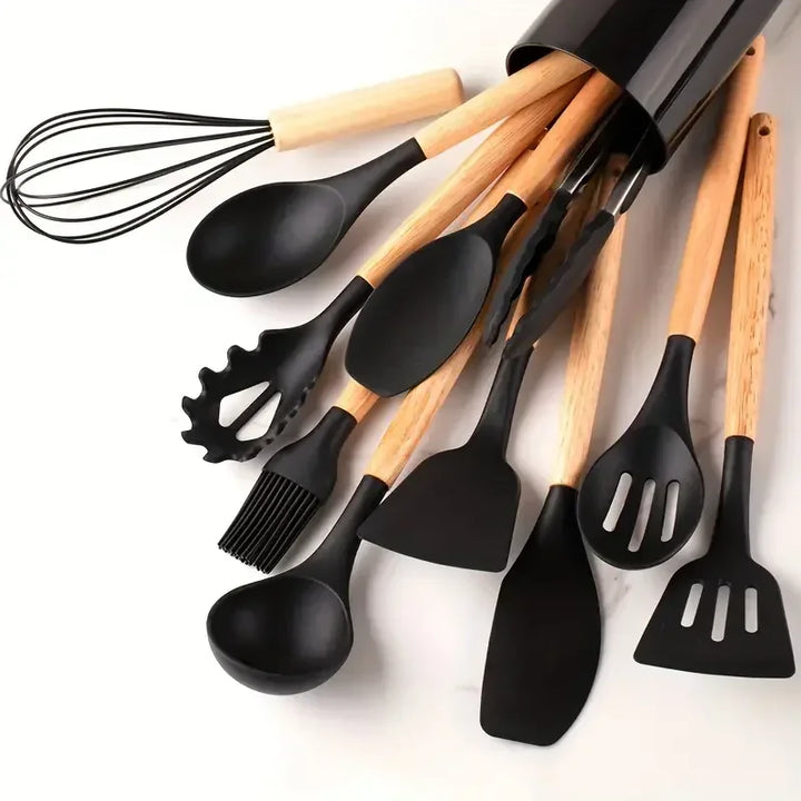 12pcs Set of Multi-color Silicone Wooden Handle Kitchenware Set Non Stick Pot Spatula and Spoon Cooking Utensils, Heat-resistant - Eagle 