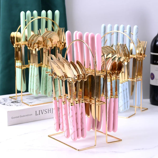 Fashion 24pcs Cutlery Set Stainless Steel Metal Gift Tableware Forks Spoons Kits Dinnerware Home School Kitchen - Eagle 