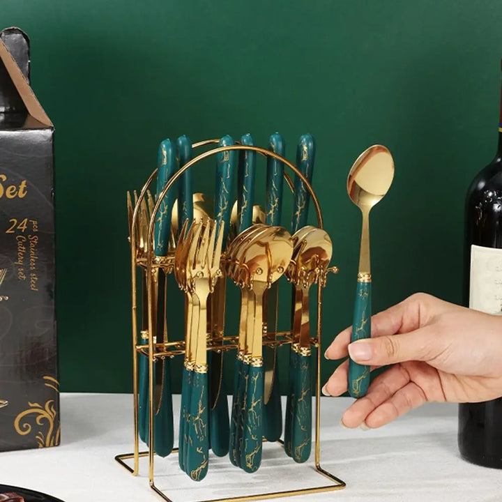 Fashion 24pcs Cutlery Set Stainless Steel Metal Gift Tableware Forks Spoons Kits Dinnerware Home School Kitchen - Eagle 