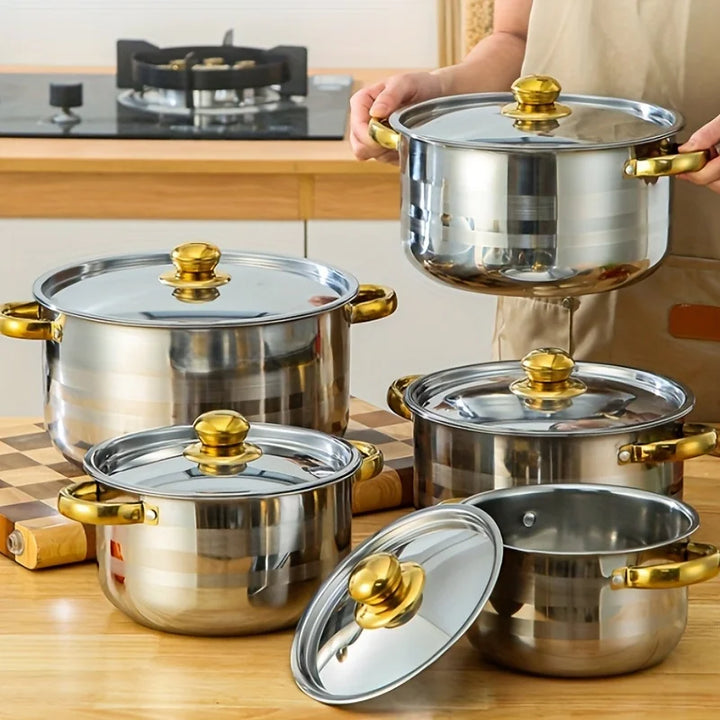 5-Piece Golden Stainless Steel Cookware Set - Durable, Multi-Purpose, Easy to Clean, Compatible with All Stoves, Non-Stick, - Eagle 