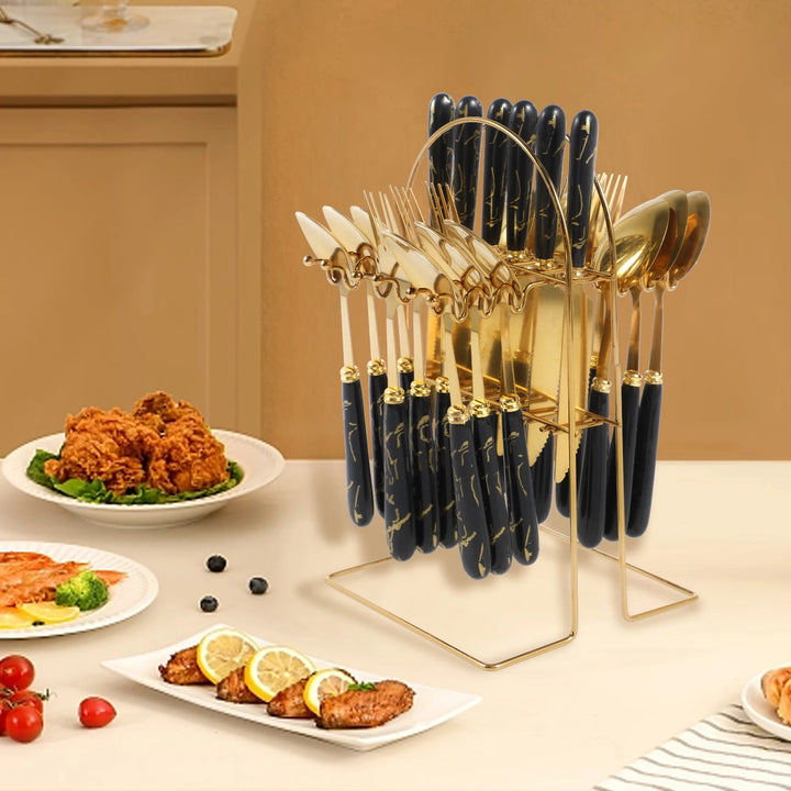 24Pcs Tableware Set with Holder Stainless Steel Cutlery Set Service for 6 Utensils Set Mirror Polished Forks Knives Spoon Set - Eagle 