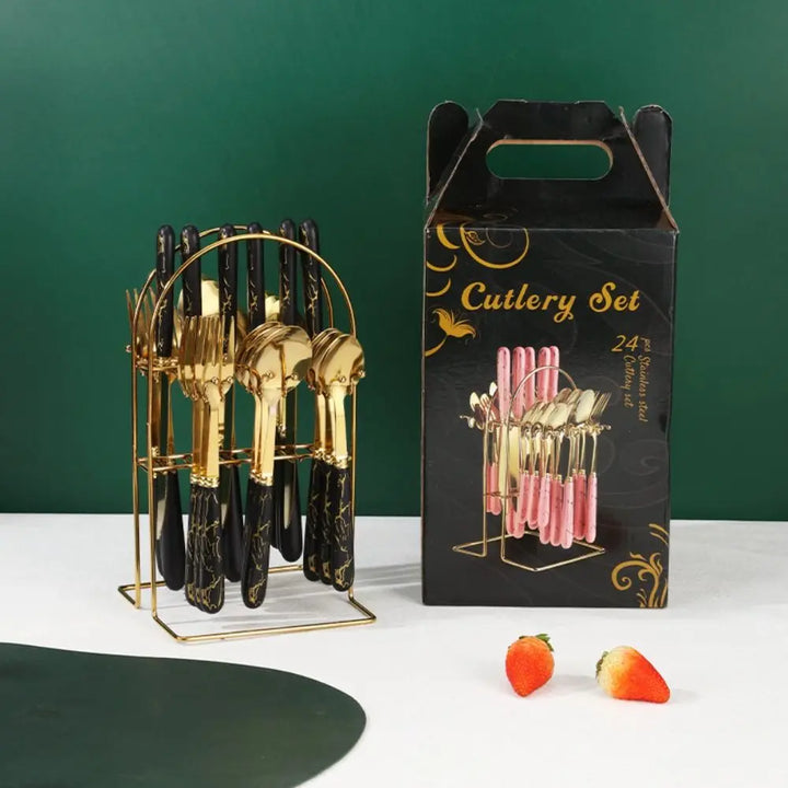 Fashion 24pcs Cutlery Set Stainless Steel Metal Gift Tableware Forks Spoons Kits Dinnerware Home School Kitchen - Eagle 