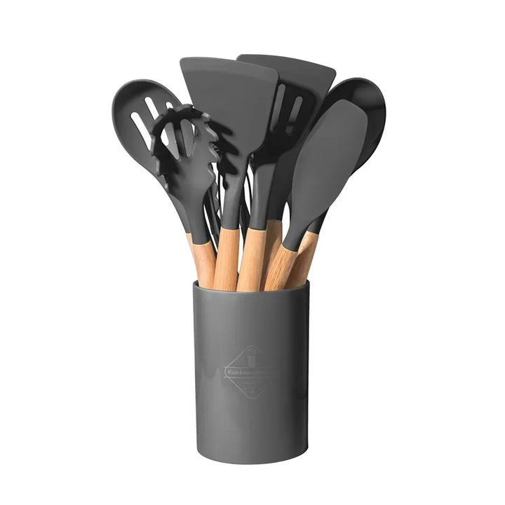 12pcs Set of Multi-color Silicone Wooden Handle Kitchenware Set Non Stick Pot Spatula and Spoon Cooking Utensils, Heat-resistant - Eagle 