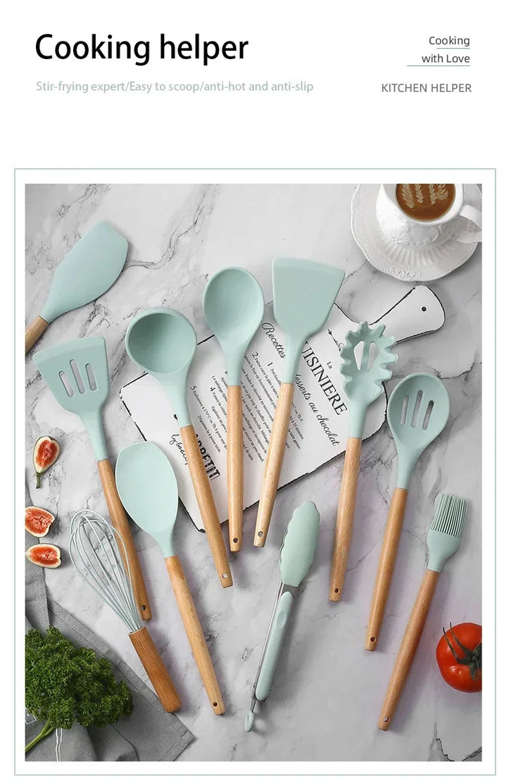 12pcs Set of Multi-color Silicone Wooden Handle Kitchenware Set Non Stick Pot Spatula and Spoon Cooking Utensils, Heat-resistant - Eagle 