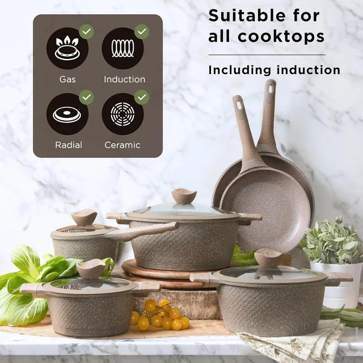 Pots and Pans set for cooking nonstick 10Pcs Durable Aluminum cookware set PFOAfree Kitchen pans set with glass lid Induction s - Eagle 