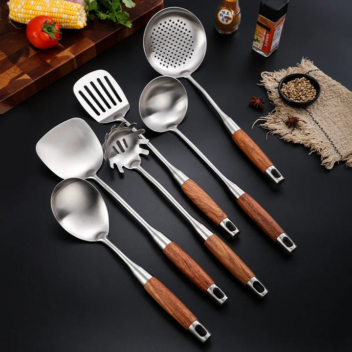 Rosewood Handle Stainless Steel Cookware Set Kitchen Durable Wok Spatula Colander Shovel Cooking Utensil Kitchenware Accessories - Eagle 