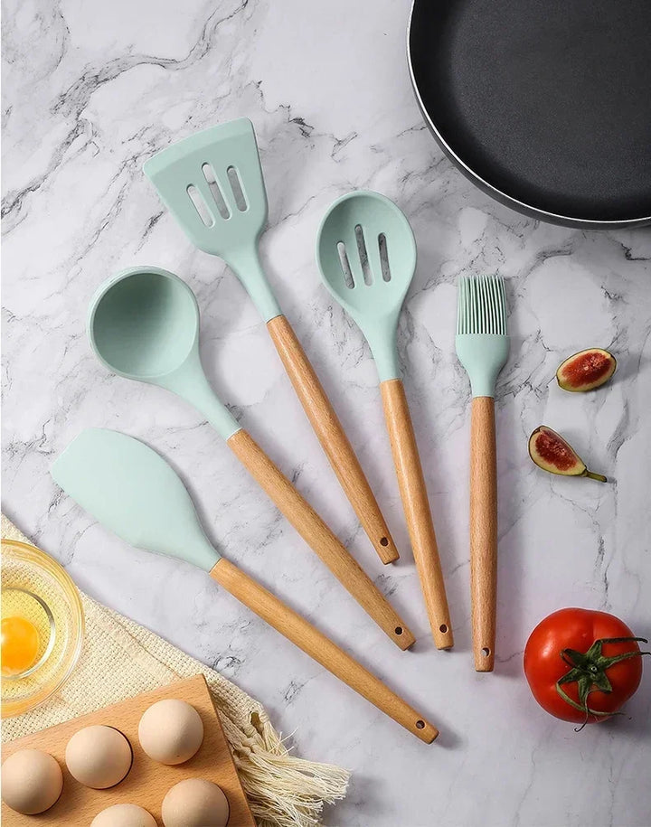 12pcs Set of Multi-color Silicone Wooden Handle Kitchenware Set Non Stick Pot Spatula and Spoon Cooking Utensils, Heat-resistant - Eagle 