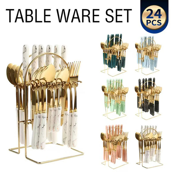 24 Pcs/Set Stainless Steel Tableware Light Luxury Style Marble Ceramic Handle Main Dinner Knife Fork Spoon Teaspoon Gift Set - Eagle 