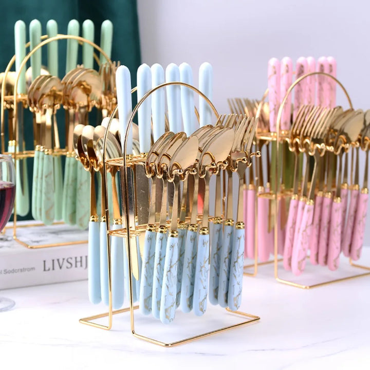 Fashion 24pcs Cutlery Set Stainless Steel Metal Gift Tableware Forks Spoons Kits Dinnerware Home School Kitchen - Eagle 